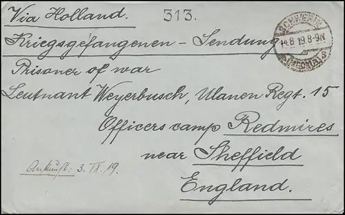 Kriegsgefangenensendung SCHWERIN 14.8.1919 an ein Offizierslager bei Sherffield