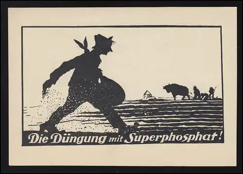Werbe AK Scherenschnitt Bauer Düngung mit Superphosphat Ochse Pflug, ungebraucht