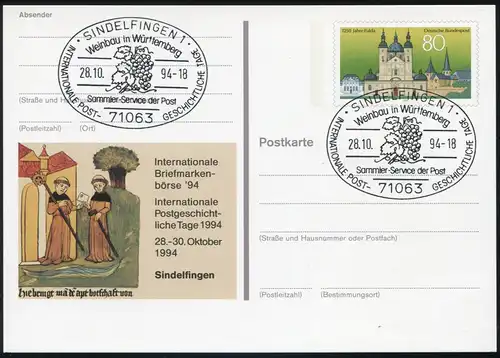 PSo 36 Briefmarkenbörse Sindelfingen Briefbote 1994, SSt Weinbau 28.10.1994
