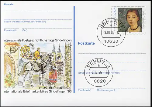 PSo 44 Briefmarkenbörse Sindelfingen Postreiter 1996, VS-O Berlin 09.10.1996