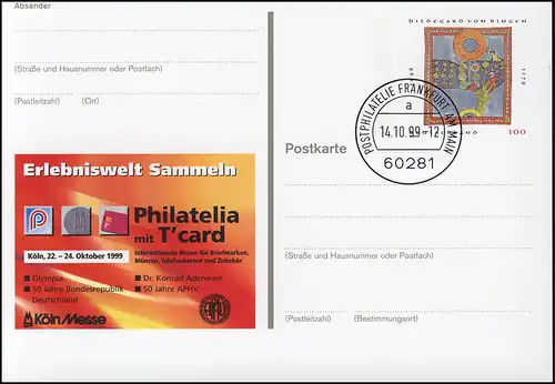 PSo 61 PHILATELIA Cologne Hildegard von Bingen 1999, VS-O Frankfurt 14.10.1999