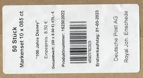 FB 125 100 ans Disney Mickey Mouse, feuille feuille BANDEROLE