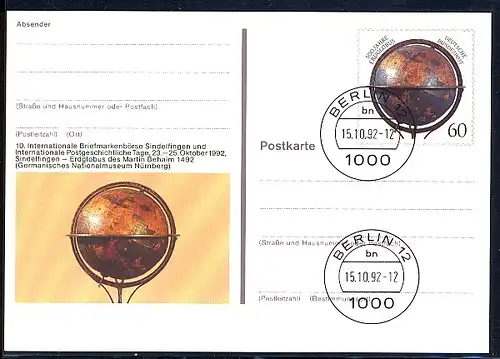 PSo 29 Bourse des timbres Sindelfingen Erdglobus 1992, VS-O Berlin 15.10.1992