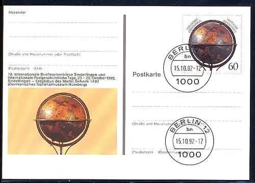 PSo 29 Briefmarkenbörse Sindelfingen Erdglobus 1992, VS-O Berlin 15.10.1992