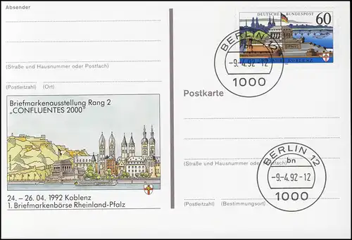 PSo 26 Briefmarkenausstellung CONFLUENTES 2000 Koblenz 1992, VS-O Berlin 9.4.92