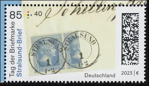 3752 Jour du timbre 2023: Lettre Stralsund du bloc 91, ** / post-fraîchissement