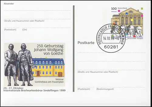 PSo 62 Briefmarkenbörse Sindelfingen Goethe 1999, VS-O Frankfurt 14.10.1999