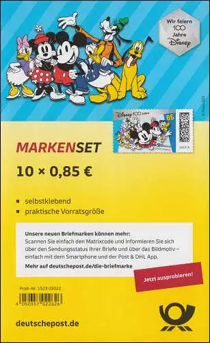 FB 125 100 Jahre Disney Micky Maus, Folienblatt 10x 3756, ** / MNH