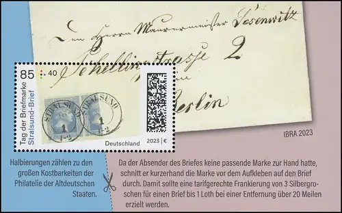 Bloc 91 Jour du timbre 2023: Lettre Stralsund, frais de port ** / MNH