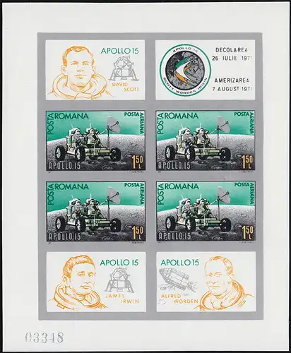 Rumänien Block 89 APOLLO 15 Mondlandung 1971, ungezähnt postfrisch (grün) **/MNH