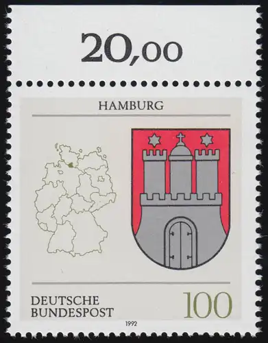 1591 Länderwappen Hamburg 100 Pf ** Oberrand