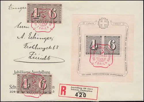 Schweiz Block 8 Briefmarken mit 416 auf Ausstellungs-R-Brief SSt ZÜRICH 3.3.1943