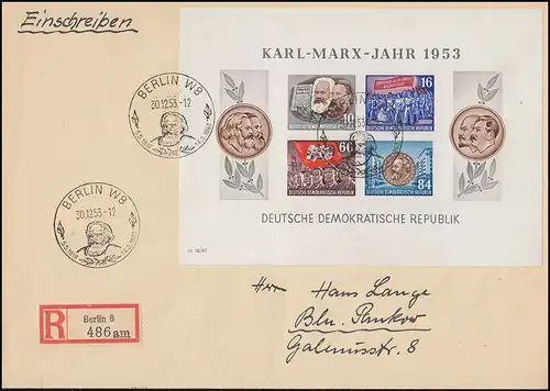 Block 9B Karl-Marx-Jahr 1953, als Block-Frankatur auf R-Bf. SSt BERLIN 30.12.53