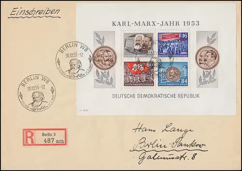 Block 9A Karl-Marx-Jahr 1953, als Block-Frankatur R-Brief SSt BERLIN 30.12.1953