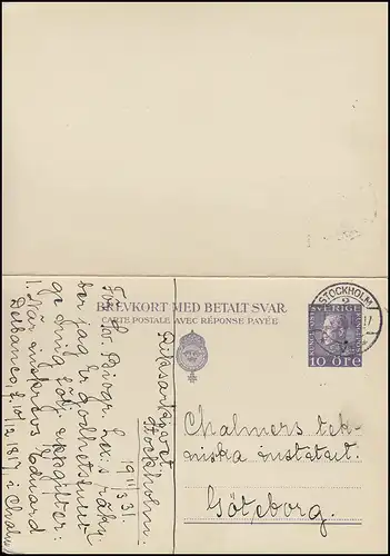 Postkarte P 52II Brevkort König Gustav 10/10 Öre, STOCKHOLM 11.3.1931