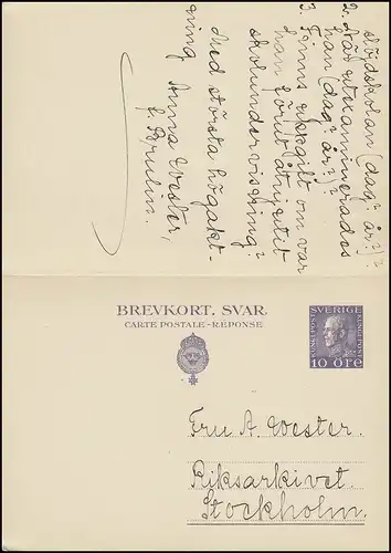 Postkarte P 52II Brevkort König Gustav 10/10 Öre, STOCKHOLM 11.3.1931