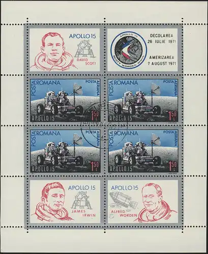 Rumänien Block 88 APOLLO 15 Mondlandung Scott Irwin Worden 1971 (blau), O