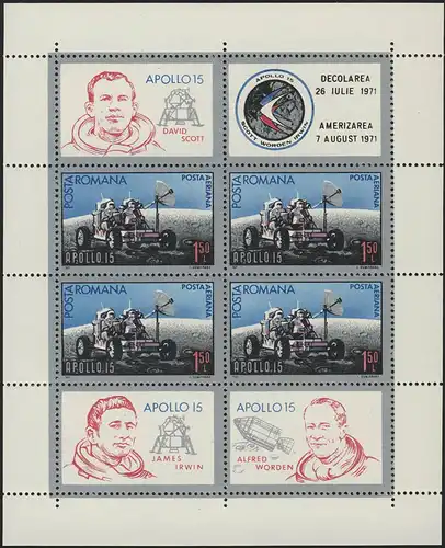 Rumänien Block 88 APOLLO 15 Mondlandung Scott Irwin Worden 1971 (blau) **/MNH