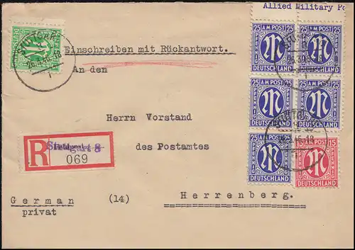 3+8+9 AM-Post-Fankatur 5+15+25 Pf. als Rückantwort-R-Brief STUTTGART 26.3.1946