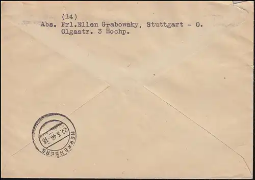 3+8+9 AM-Post-Fankatur 5+15+25 Pf. als Rückantwort-R-Brief STUTTGART 26.3.1946