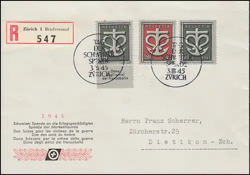 Schweiz 443-443 Spende an die Kriegsgeschädigten auf R-Brief SSt ZÜRICH 3.3.45
