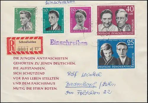 849-853 Gedenkstätten Antifaschisten, Satz R-FDC mit Nummer 1 SCHMALKADEN 7.9.61