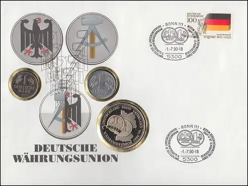 Bund Numisbrief Währungsunion mit 1 DM, 1 Mark der DDR, Medaille, SSt 1.7.1990 