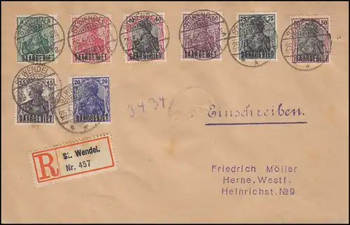 Saargebiet: R-Brief mit 8 Germania-Aufdruckmarken ST. WENDEL 26.5.20 nach HERNE