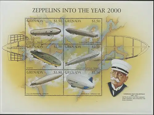 Grenada 3290-3295 Zeppeline im Jahr 2000 / Graf von Zeppelin, Kleinbogen **/MNH