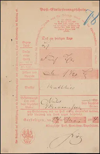 Preußen Einlieferungsschein über Geldbegleitbrief Gardelegen 24.5.1864
