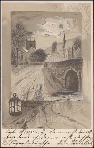 Künstler-AK silberner Mondschein über Brücke, WEIDENAU / SIEG 6.3.1900