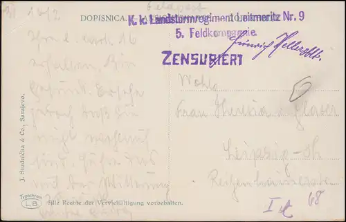 Feldpost und Zensur 5. Kompanie K. K. Landsturmregiment Leitmeritz Nr. 9 AK 1916