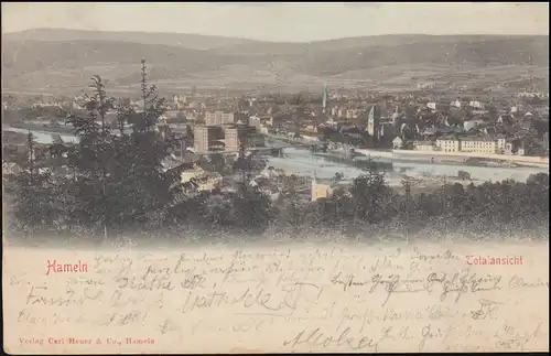 AK Hameln Totalansicht, Einkreisstempel HAMELN 17.9.1903 nach SCHÜTTORF 18.9.03