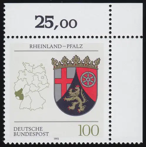 1664 Rheinland-Pfalz 100 Pf ** Ecke o.r.
