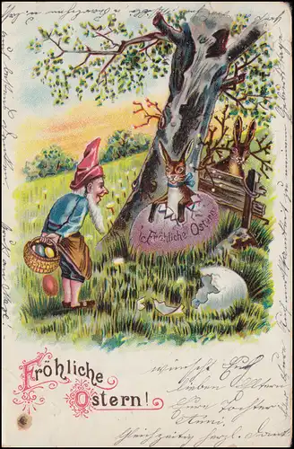 AK Frohe Ostern: Zwerg mit Osterhasen und Ostereier, Orts-PK BERLIN 11.4.03