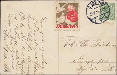 Dänemark AK Weihnachten: Kinder mit Paketen, Julen-Vignette Tauben 1914, 23.12.