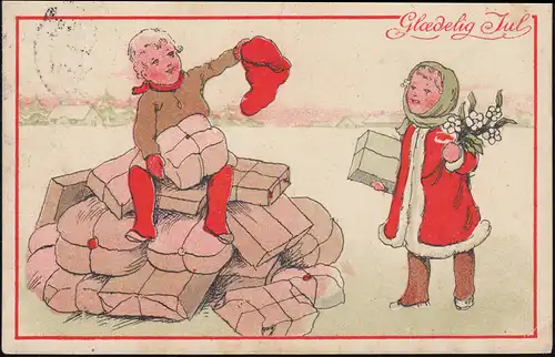 Dänemark AK Weihnachten: Kinder mit Paketen, Julen-Vignette Tauben 1914, 23.12.