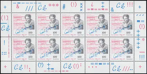 1893 Carl Zuckmayer - 10er-Bogen mit Verschmierung aller Druckfarben **