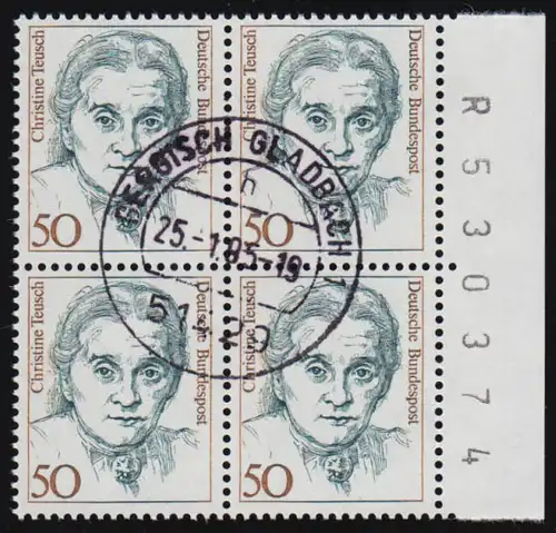 1304 Frauen 50 Pf Teusch Rand-Viererblock Randziffer zentrischer Tages-O