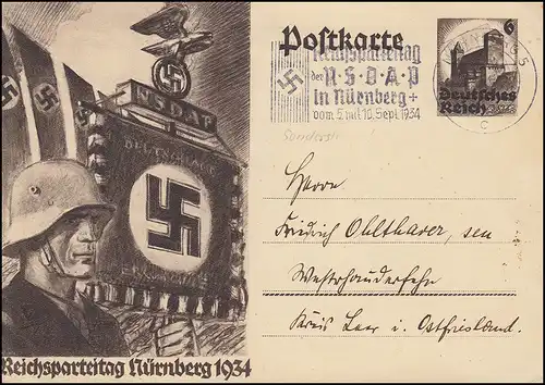 P 252 Reichsparteitag 1934 mit passendem Werbe-Stempel NSDAP, NÜRNBERG 8.9.34