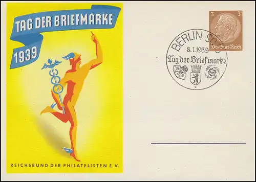 Sonderpostkarte P 239/01 Tag der Briefmarke passender SSt BERLIN SO 16 - 8.1.39