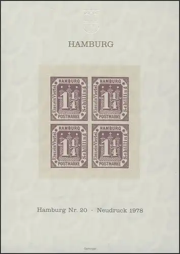 Sonderdruck Hamburg Nr. 20 Viererblock Neudruck 1978