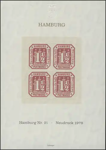 Sonderdruck Hamburg Nr. 21 Viererblock Neudruck 1978