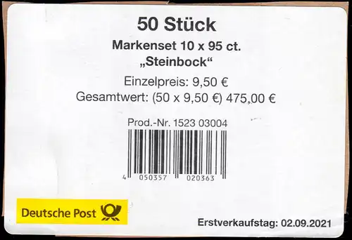 FB 109 Jeunes animaux sauvages: Capricorne, BANDEROLE feuilletée