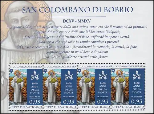 1854 Kleinbogen zum 1400. Todestag des heiligen Colomban 2015, ** / MNH