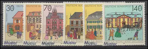 1563-1568 Wohlfahrt: Historische Posthäuser, 6 Werte, Satz mit Muster-Aufdruck