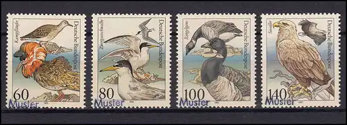 1539-1542 Tierschutz: Bedrohte Seevögel, 4 Werte, Satz mit Muster-Aufdruck