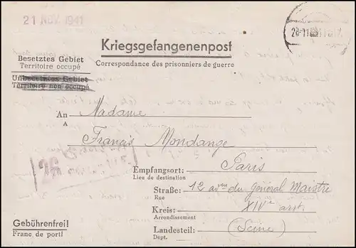 Kriegsgefangenenpost Stalag VI F Bocholt/Westf., Tarnstempel 28.11.41 nach Paris