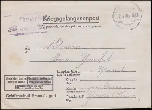 Poste de prisonniers de guerre Stalag VI F Bocholt, timbre de Tarn 1944, vers la France