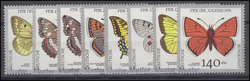 1512-1519 Jugend: Gefährdete Schmetterlinge, 8 Werte, Satz mit Muster-Aufdruck
